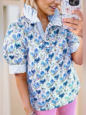 Preppy white & cornflower blue floral top with seersucker collar and accents